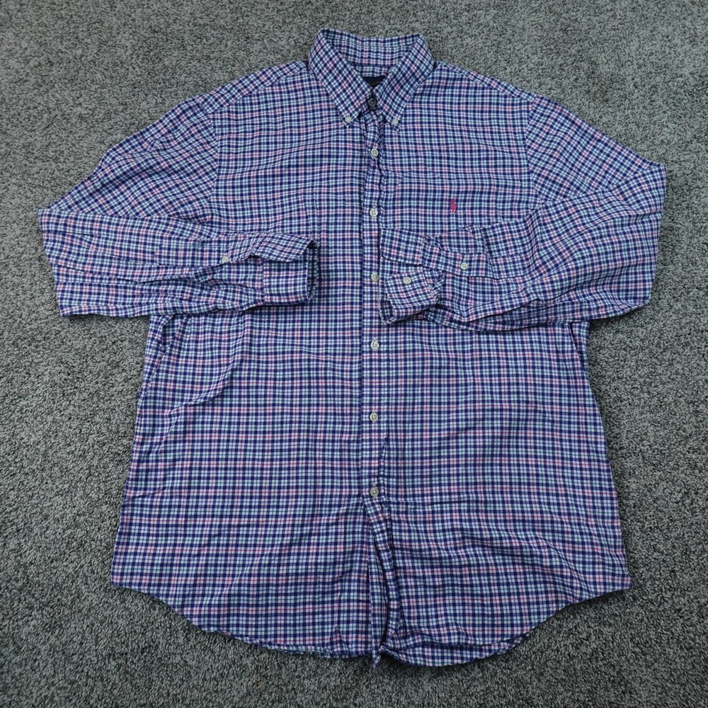 Ralph Lauren Shirt Mens XL Blue Pink Plaid Long Sleeve Button Up Casual Pony Top